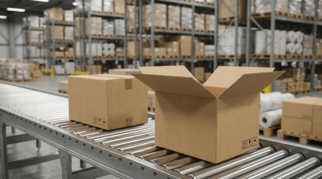 Packaging boxes arranged neatly in a modern warehouse environment.
