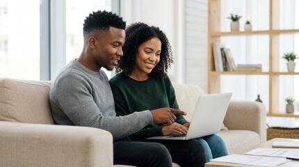 Fototapeta premium Happy young African American couple on couch using laptop for personal budget planning and digital online banking management.