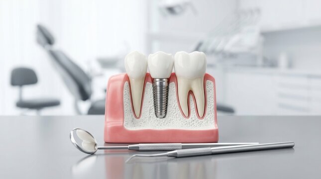 Dental implant model positioned next to a natural tooth with dental mirror and explorer tools