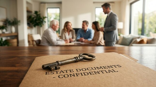 Estate documents and a key on a wooden table for probate lawyer services.