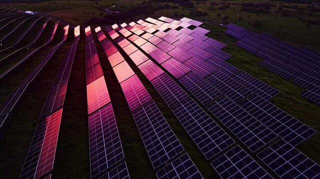 Magenta light reflects across solar panel array. Aerial shot of glowing rows fading into darker panels at dusk.