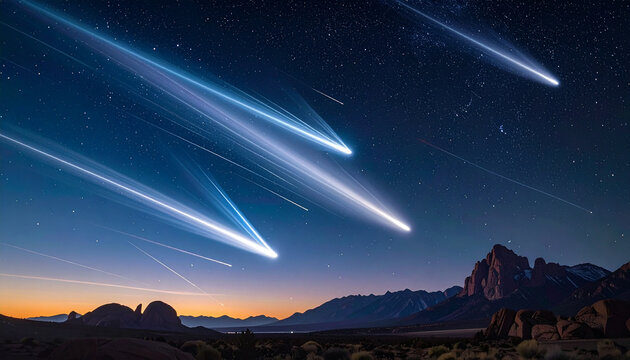 Meteor shower over rocky desert landscape at dusk