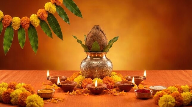 Traditional Indian brass kalash with marigold flowers and diya lamps on orange gradient background with copy space.