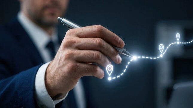 Close up of a European businessman's hand softly drawing a glowing strategic roadmap with milestone icons in a moody office.