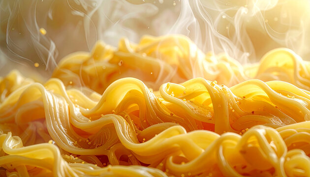 Close-up of steaming hot spaghetti pasta with tiny particles
