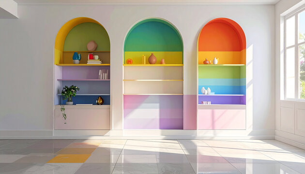 Colorful arched built-in shelves with decorative items