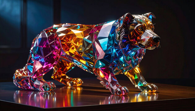 Crystal dog sculpture with rainbow facets