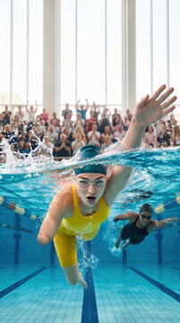 Woman swimmer with an arm amputation powers through a front crawl race, seen half underwater as the crowd cheers