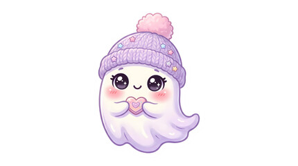 Fototapeta premium Cute Kawaii Ghost Wearing Purple Knitted Hat Holding Pink Heart Illustration-Halloween Stickers- t-shirt design-isolated on white background