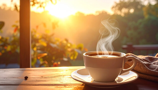 Hot steaming coffee cup in morning sunlight