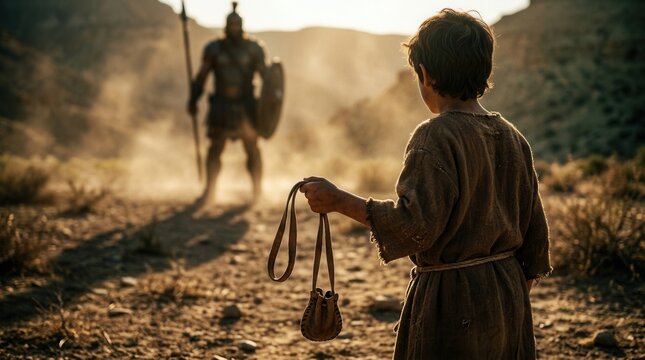 Boy David holding a sling preparing to face giant Goliath in a biblical battle scene.