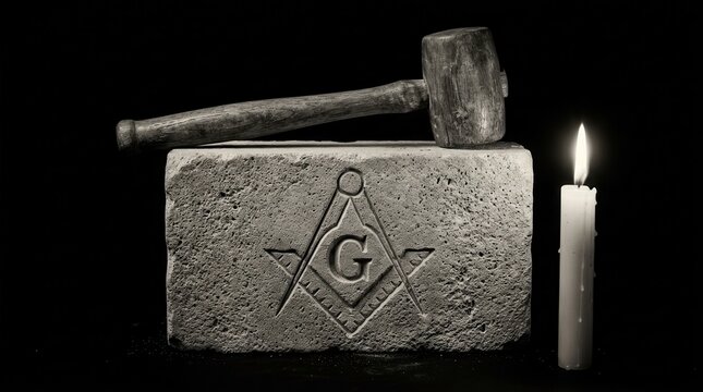 Wooden mallet placed on rough ashlar stone with square and compasses symbol.