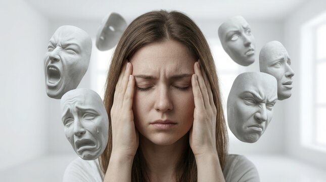 Woman experiencing emotional distress and mood instability with floating masks representing Borderline Personality Disorder.