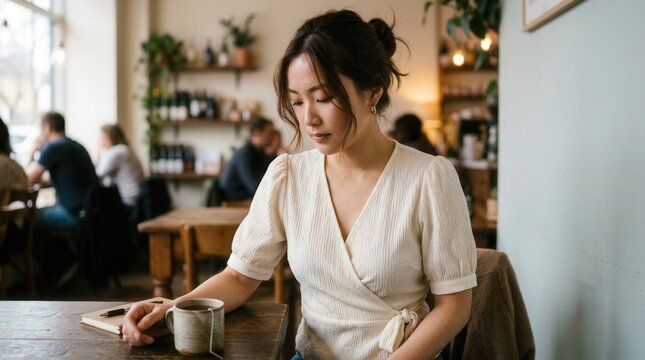 Adult woman in ivory blouse looking down at a cafe during the day