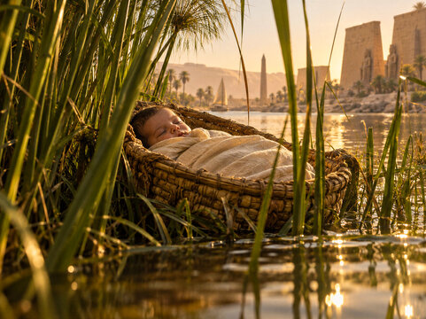 Baby Moses sleeping in a woven basket among reeds on the Nile with ancient Egyptian monuments in the distance