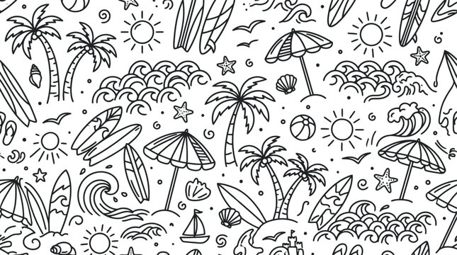 Seamless pattern with summer beach elements and surfing icons