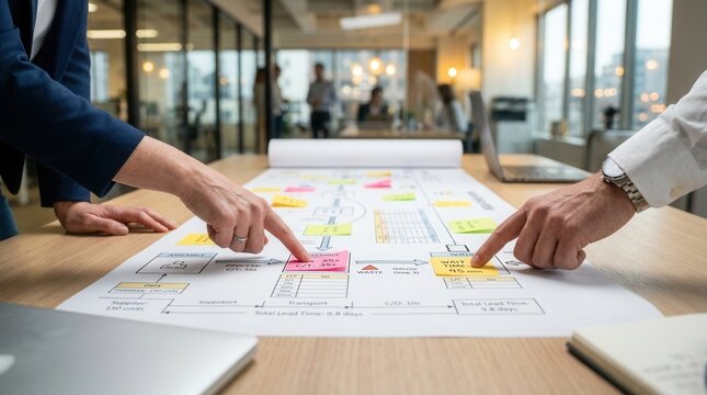Close up of hands at a bright office with a value stream mapping on a long paper roll showing process steps, cycle times, and waste identification marks.