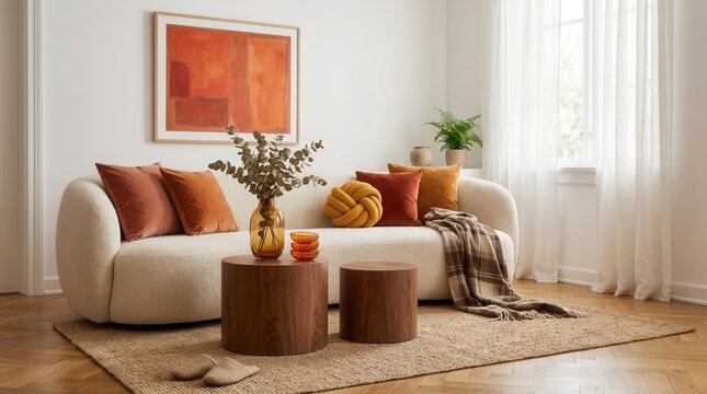 Cozy living room featuring a cream sofa, orange pillows, plaid blanket, and wooden tables with amber vases.