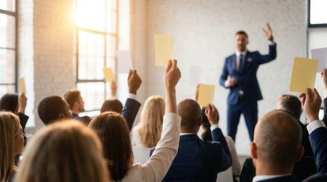 A lively corporate auction in a bright loft with the audience raising bid cards