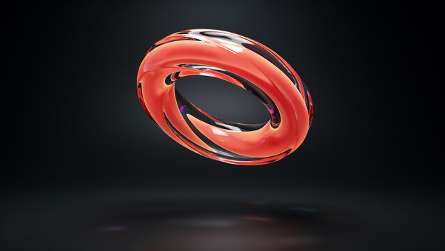 Bright red torus shape with swirling inner texture and reflections keywords: torus, ring, donut