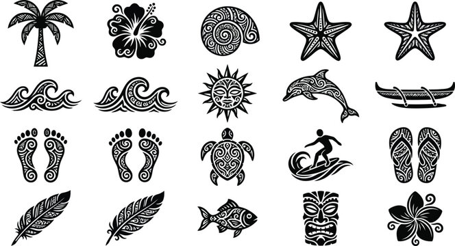 Set of tribal polynesian style beach and summer icons