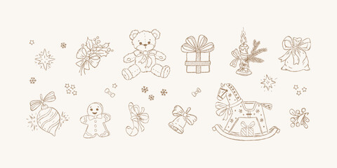 Obraz premium New Year illustration set with gifts and Christmas tree ornaments