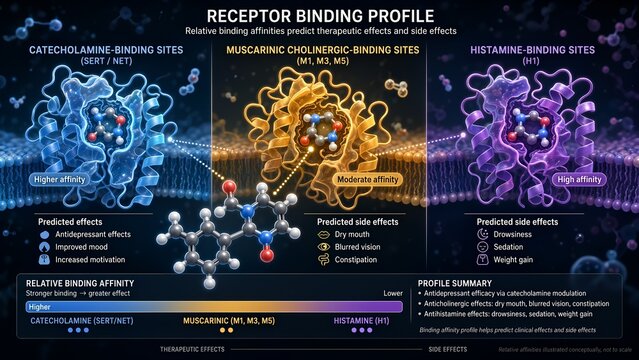 Multi-receptor drug binding profile illustrating catecholamine sites for antidepressant effects alongside muscarinic and histamine sites linked to common side effects