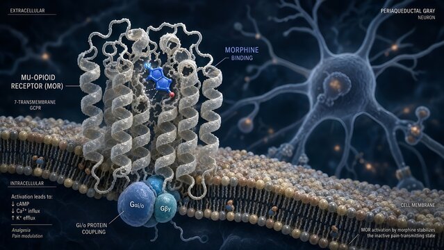 Detailed scientific illustration of a mu-opioid receptor mor in a cell membrane bound by morphine within a neuronal background of the periaqueductal gray