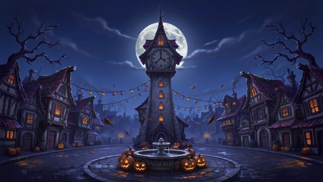 Cinematic Halloween village scene with a clock tower and full moon