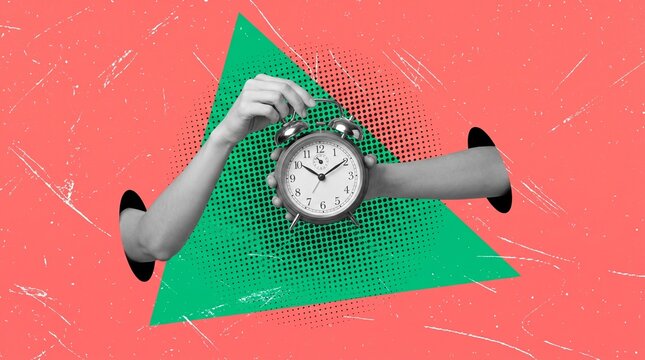 Hand Holding Vintage Alarm Clock Time Management Concept Photo - alarm clock, time management, hand holding clock, deadline concept, coral background, green triangle, time is money, punctuality