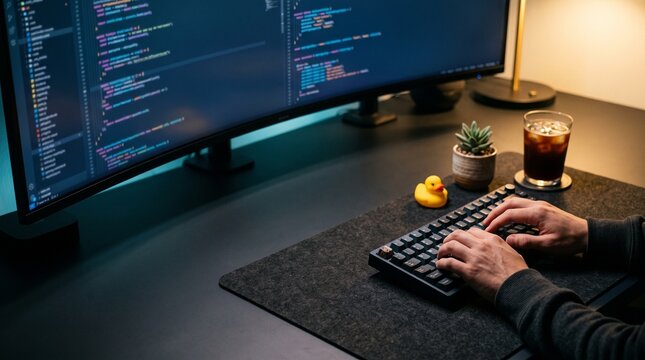 Software developer hands typing code on mechanical keyboard at night