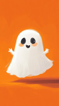 Cute Halloween ghost on orange background