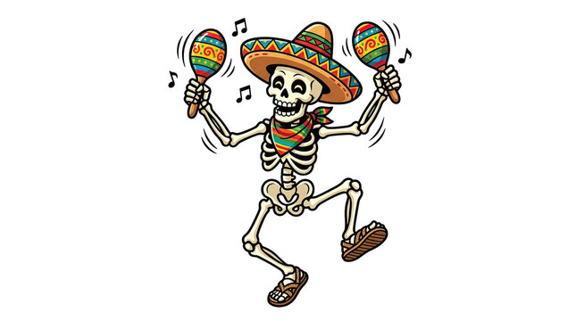 Dancing mexican skeleton wearing sombrero and playing maracas is festive for day of the dead events.