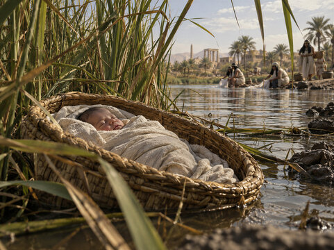 Baby Moses in a basket among river reeds with women gathering water in the background near ancient Egypt