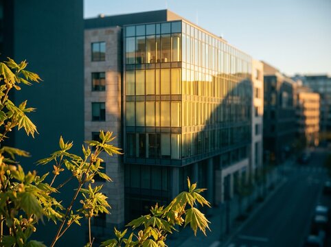 Rooftop Spring Foliage Before Amber Glass Facades