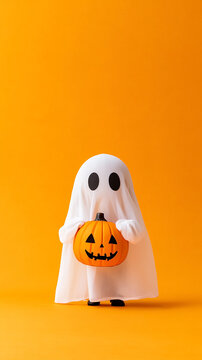 Cute Halloween ghost on orange background