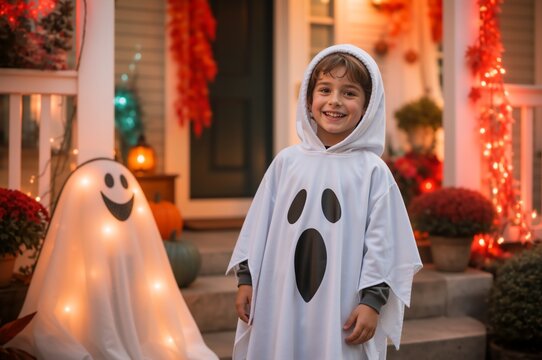 Smiling young boy in white ghost costume standing on decorated porch. Happy child ready for Halloween trick or treat