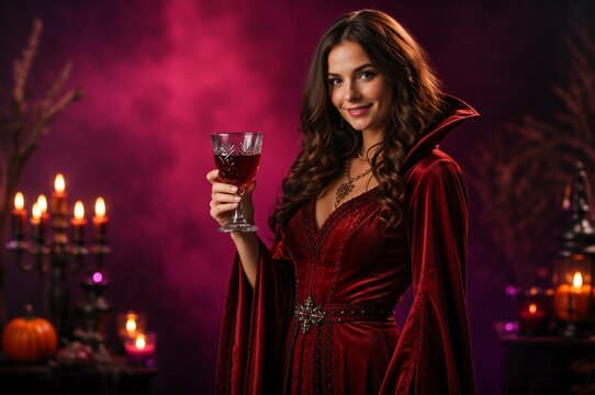 Smiling woman in a red velvet gothic vampire costume holding a glass goblet. Dark moody Halloween background with lit candles