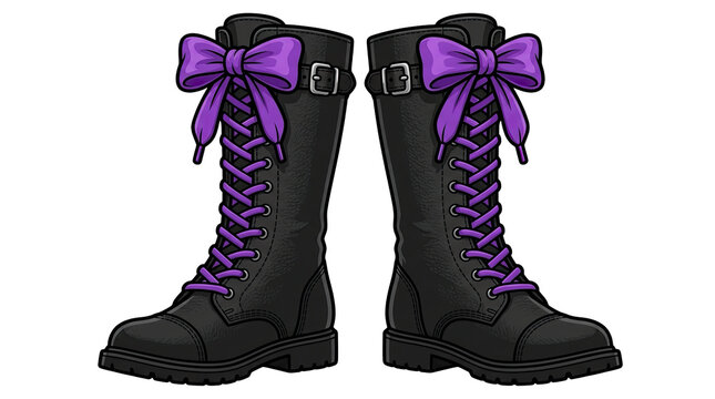 Black leather combat boots with purple lace and ribbon bow for gothic fashion streetwear accessory kit.