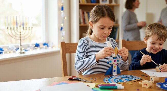 Children making Hanukkah crafts at a wooden table. Young girl gluing a paper menorah and boy painting a wooden dreidel at home