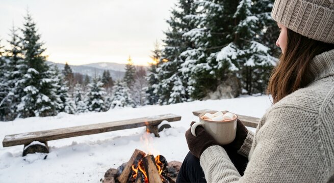 Woman holding hot cocoa with marshmallows by campfire in winter forest. Outdoor camping during winter solstice with snowy pine trees background