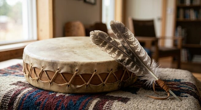 Native American hand drum and sacred feathers on a patterned blanket. Indigenous ceremonial drum with rawhide. Indigenous Peoples Day concept
