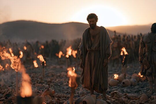 Gideon and his 300 men with torches and broken pitchers in the night battle