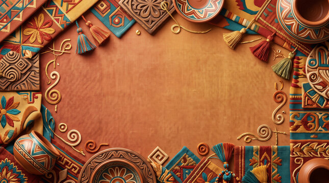 Hispanic cultural elements with textiles pottery and tassels on a warm background