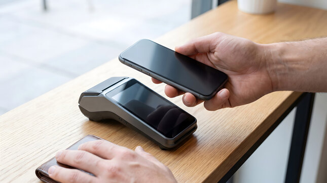 Person making a contactless mobile payment with a smartphone held over a grey electronic card terminal on a wooden counter