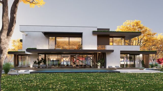 3D architectural rendering and camera movement of a contemporary cubic villa exterior during fall season. Minimalist residential architecture with large glass windows colorful foliage under bright day