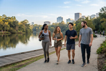 Fototapeta premium Amigos caminando juntos después de entrenar en un parque urbano