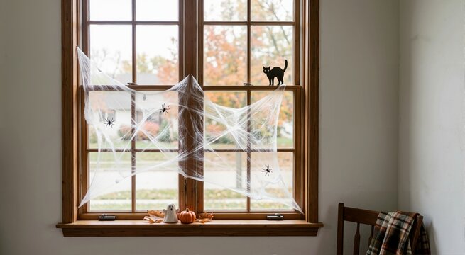 Spiderweb decorations on a window. Spooky decorations theme