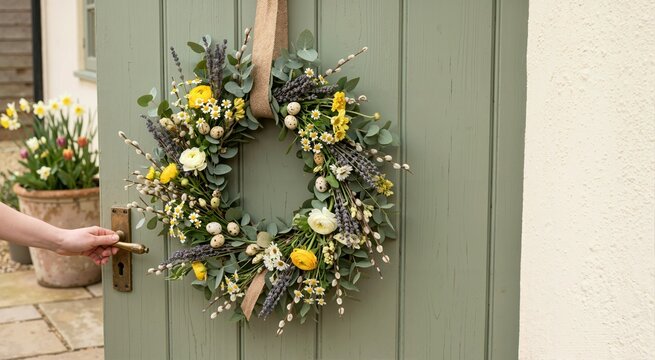 Spring wreath on a green door with floral arrangement. Spring Equinox theme