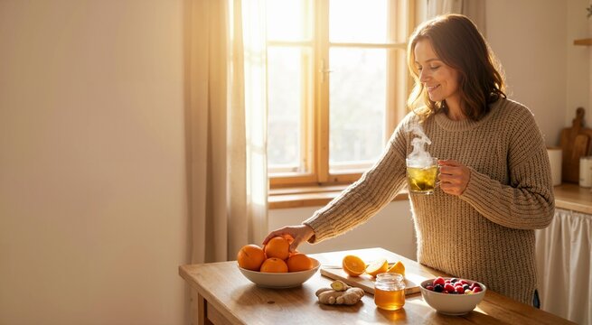 Woman holding hot tea and fresh oranges in sunlit kitchen. Immune system boost concept with citrus fruits and ginger